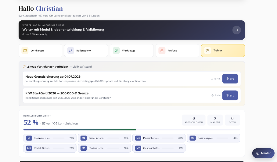 Screenshot der Gründungsberatung-Schulungsplattform