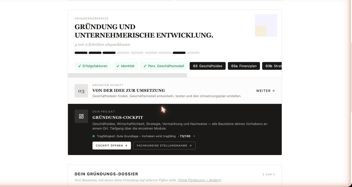 Gründungs-Cockpit mit Tragfähigkeits-Score und Gründungs-Dossier im MyGoodWork Gründer-Workspace